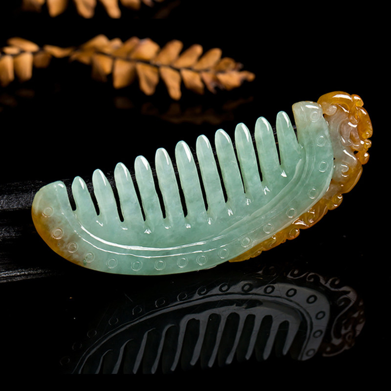 常万停工作室作品 得玉旺翡翠 冰糯种黄翡玉梳 28.24g
