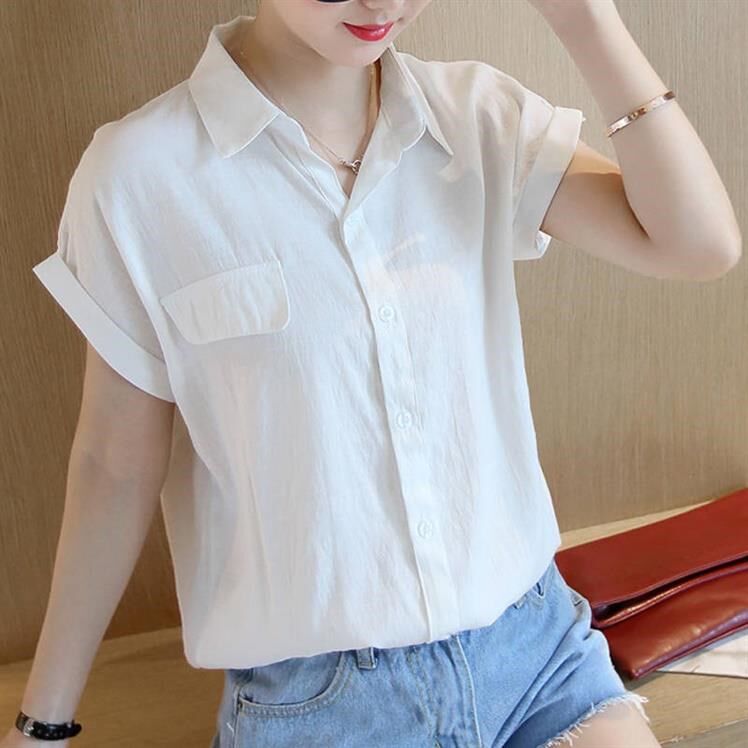 夏装韩版棉麻白衬衫女显瘦百搭翻领亚麻衬衣短袖女装宽松上衣优惠券