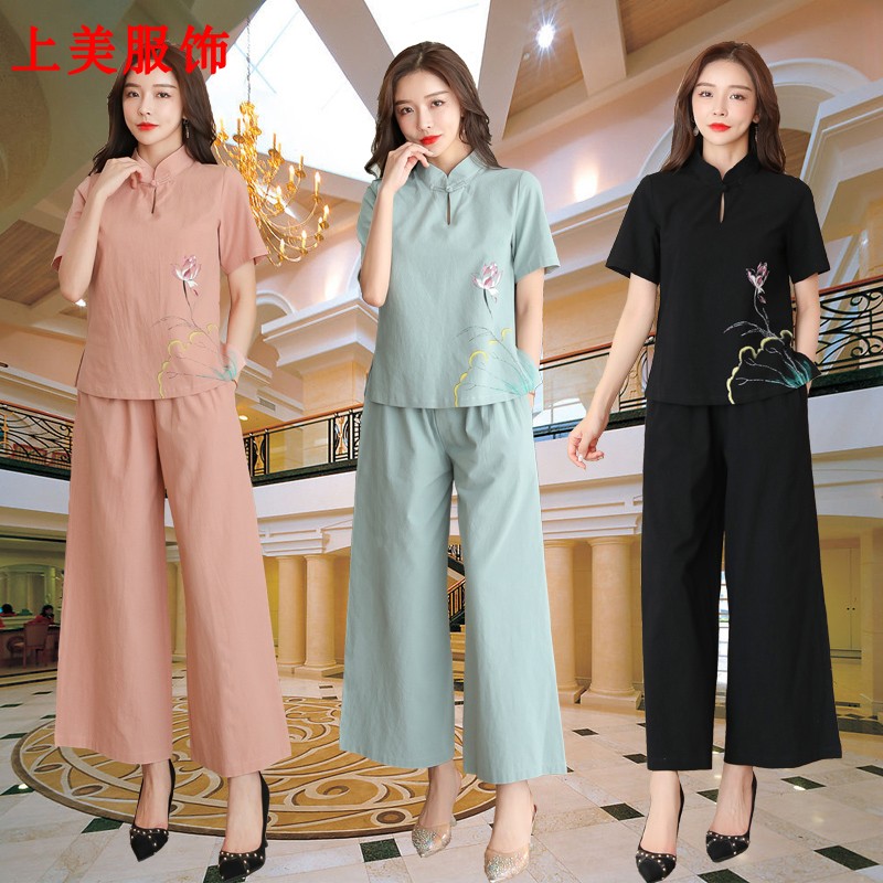 中医馆茶楼采耳技师女工作服养生馆理疗师服装中国风中式唐装套装