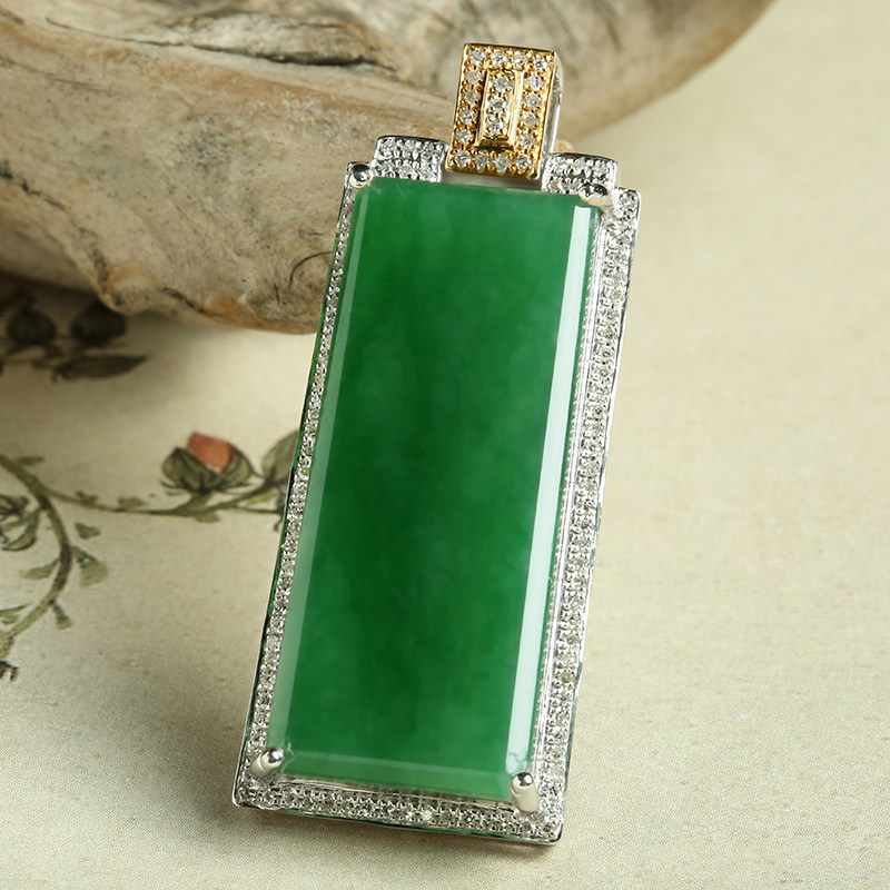 【实物已检】18k白金伴钻镶嵌冰糯种均匀满绿翡翠方牌7.18g