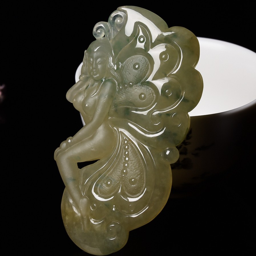 【源头好货-实物已检】天然缅甸翡翠a货拍卖黄翡花仙子吊坠35.55g