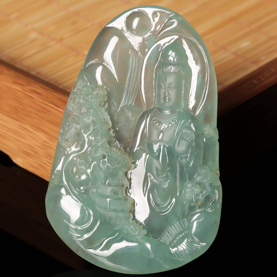 【源头好货-实物已检】御翠轩翡翠a货拍卖意境山水观音吊坠36.66g