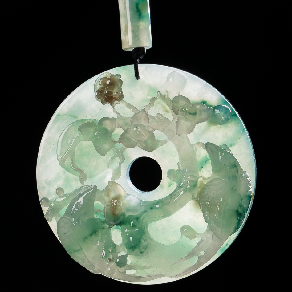 [源头好货--四会]翡翠a货翡翠精雕花开富贵吊坠67.87g