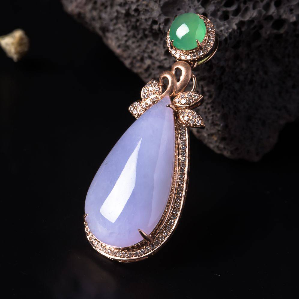 【源头好货-实物已检】18k玫瑰金豪华伴钻镶嵌双彩水滴吊坠4.80g