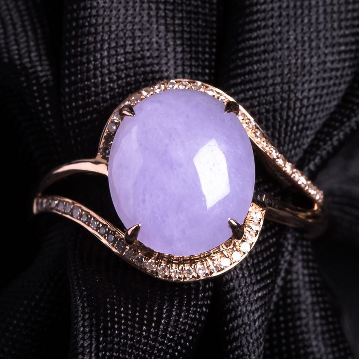 【源头好货-四会】18k金伴钻镶嵌紫罗兰翡翠蛋面戒指2.87g