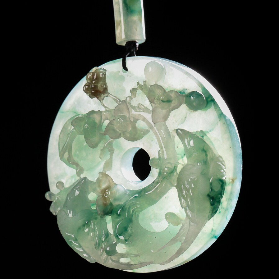 [源头好货--四会]翡翠a货翡翠精雕花开富贵吊坠67.87g