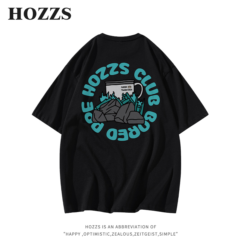 HOZZS/汉哲思环形字母篝火巢栖探险Logo宽松休闲短袖T恤男女同款