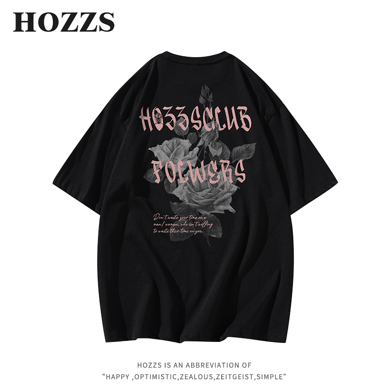 HOZZS/汉哲思美式复古玫瑰字母印花宽松休闲短袖T恤男女同款