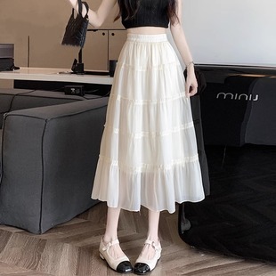 白色雪纺半身裙女夏季2024年新款小个子高腰显瘦中长款a字蛋糕裙
