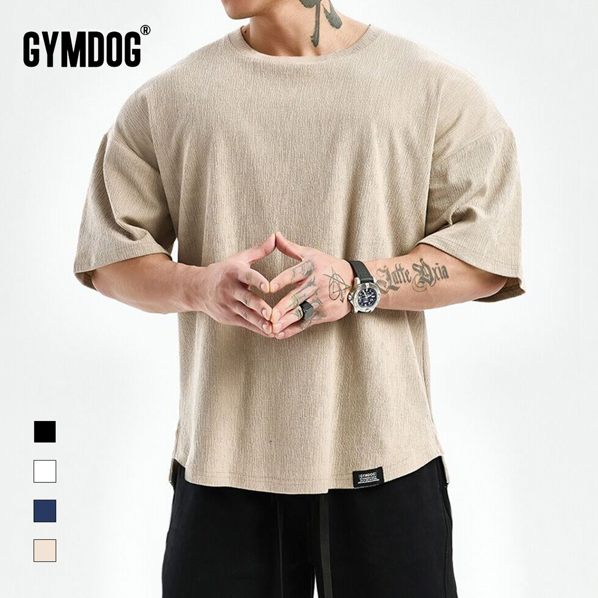GYMDOG潮牌宽松落肩健身衣服男夏季休闲跑步训练纯色运动短袖T恤