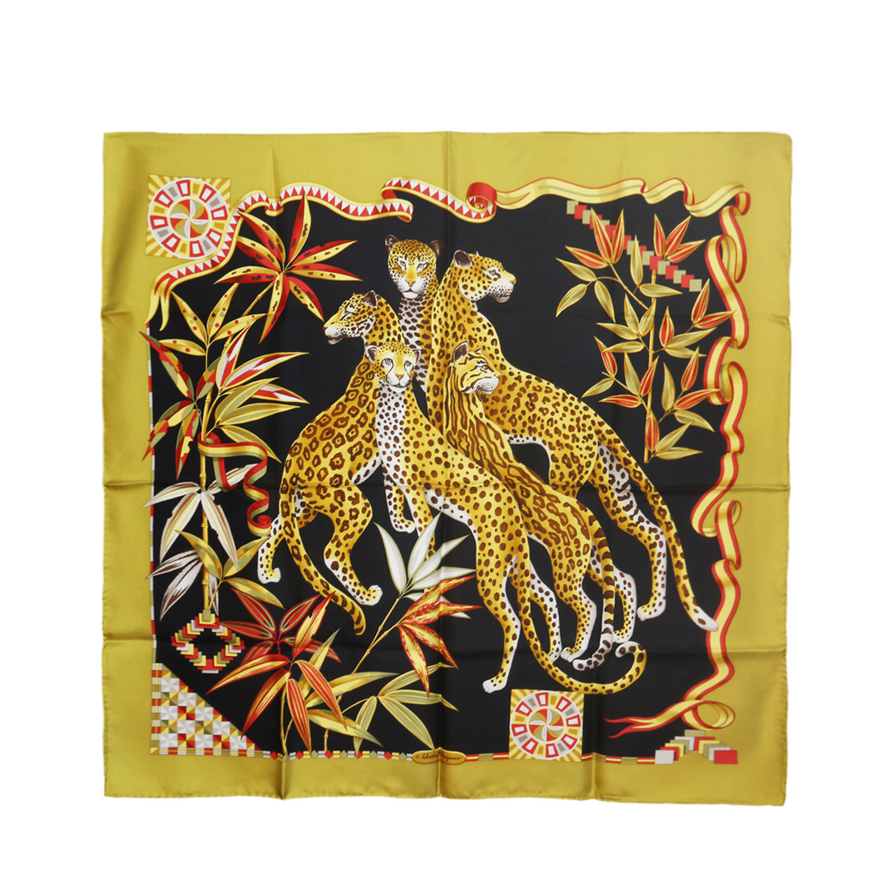 [9.8新]菲拉格慕ferragamo女士丝巾87cm蚕丝大方巾黄色豹子图案
