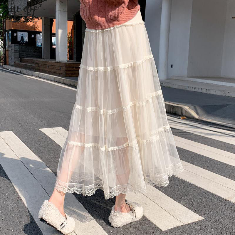 蕾丝半身裙女秋冬中长款2022新款白色网纱裙子甜美超仙气蛋糕纱裙