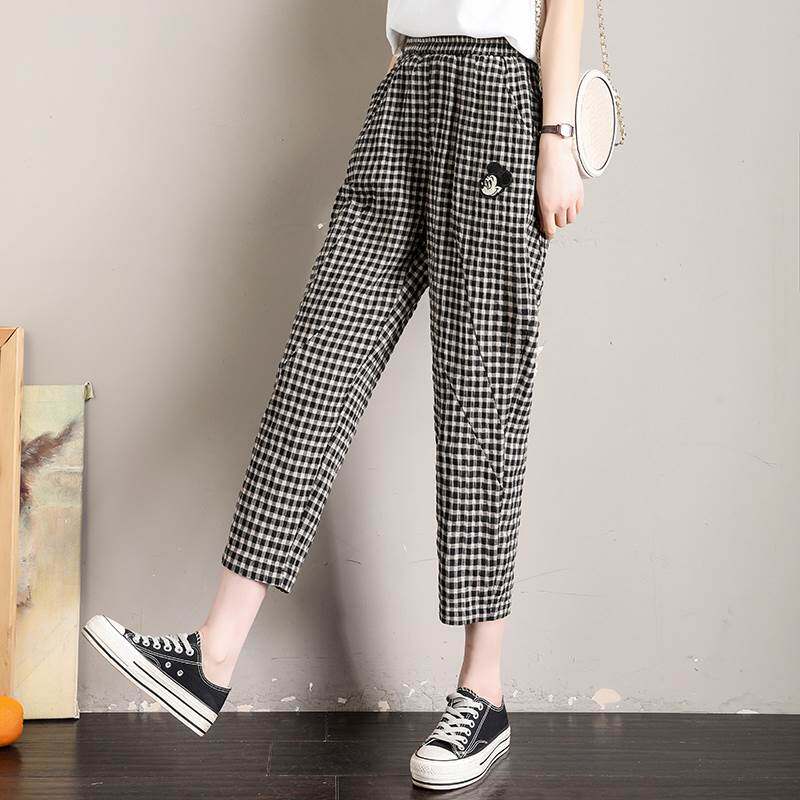 格子裤女夏款2022年新款薄小个子宽松九分哈伦裤季休闲八分萝卜裤