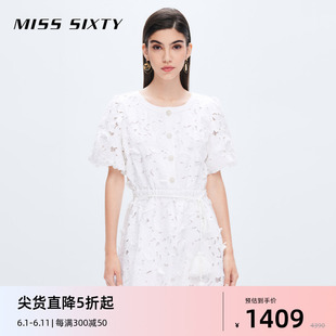 Miss Sixty麻棉牛仔白色连衣裙女重工镂空绣花流苏系带显瘦A字裙