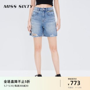 Miss Sixty2024夏季新款牛仔短裤女破洞设计高腰直筒复古风五分裤