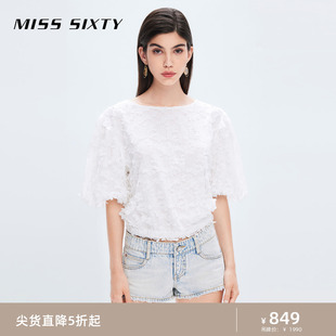 Miss Sixty夏季白色短袖衬衫女绣花减龄甜美泡泡袖蕾丝网纱上衣