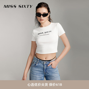 Miss Sixty2024夏季新款短袖T恤女圆领印花显瘦正肩修身短款辣妹