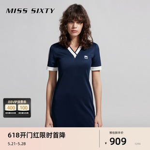 Miss Sixty2024夏季新款连衣裙女美式复古运动风短袖V领拼色显瘦