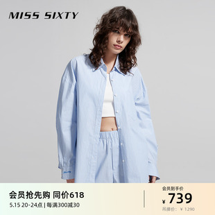 Miss Sixty2024夏季新款衬衫女运动休闲风减龄百搭蓝白条纹长袖