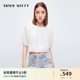 Miss Sixty短袖衬衫女圆领甜美泡泡袖五分袖复古法式气质短款上衣