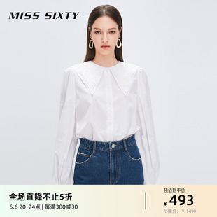 Miss Sixty衬衫女绣花娃娃领宽松长袖法式复古甜美风灯笼袖衬衣