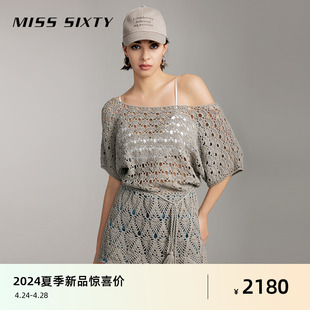 Miss Sixty2024夏季新款针织衫女镂空钩花短袖度假风休闲上衣