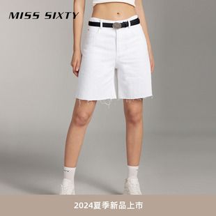 Miss Sixty2024夏季新款牛仔短裤女白色高腰显瘦直筒裤磨破高街风