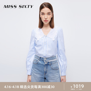 Miss Sixty衬衫女钉珠系带甜美娃娃领蓝白条纹清新灯笼袖纯棉衬衣