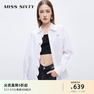 Miss Sixty纯棉衬衫女水果钉珠刺绣甜美风减龄翻领长袖简约气质