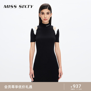 Miss Sixty法式连衣裙女撞色性感短袖气质半高领挖肩小黑裙针织裙