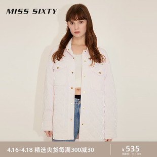 Miss Sixty2023冬季新款棉服外套女浅粉色菱格宽松中长夹棉衬衫式