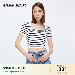 Miss Sixty针织衫女气质上衣条纹刺绣方领套头短袖性感辣妹风