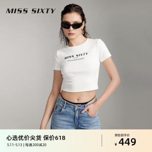 Miss Sixty2024夏季新款短袖T恤女圆领印花显瘦正肩修身短款辣妹