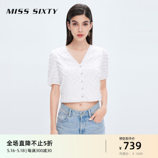 Miss Sixty短袖衬衫女性感V领蕾丝花边珍珠薄款米色气质甜美风