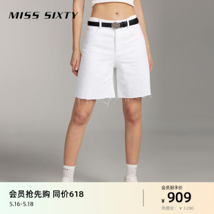 Miss Sixty2024夏季新款牛仔短裤女白色高腰显瘦直筒裤磨破高街风