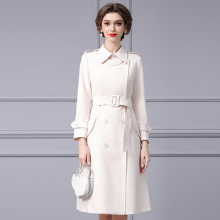 智丽春款女装2024年新款高级感米白色翻领双排扣收腰显瘦风衣外套