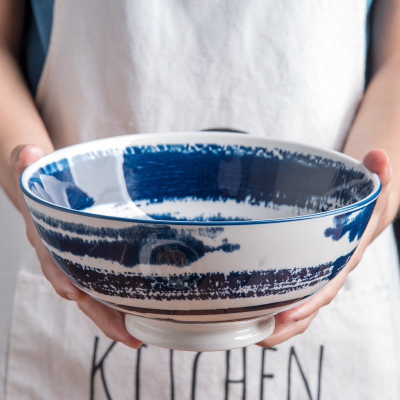剑林 日式餐具8英寸大碗家用汤碗海碗泡面碗 陶瓷饭碗沙拉碗 蓝墨