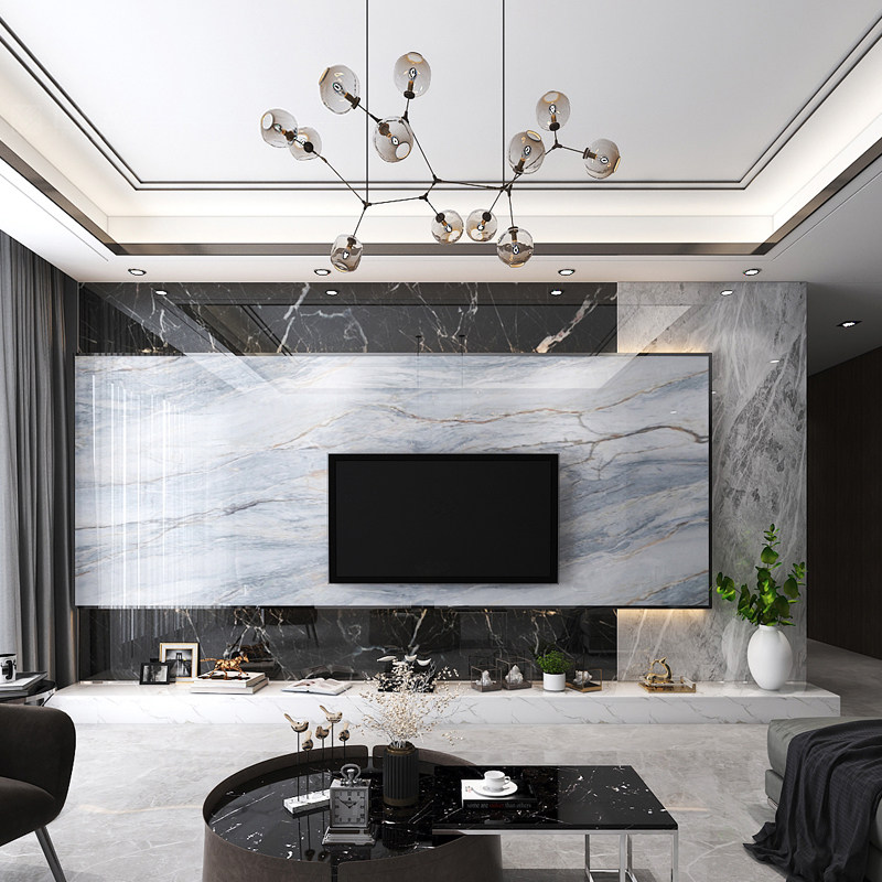 悬空电视背景墙瓷砖仿大理石材3d客厅现代简约轻奢装饰边框微晶石
