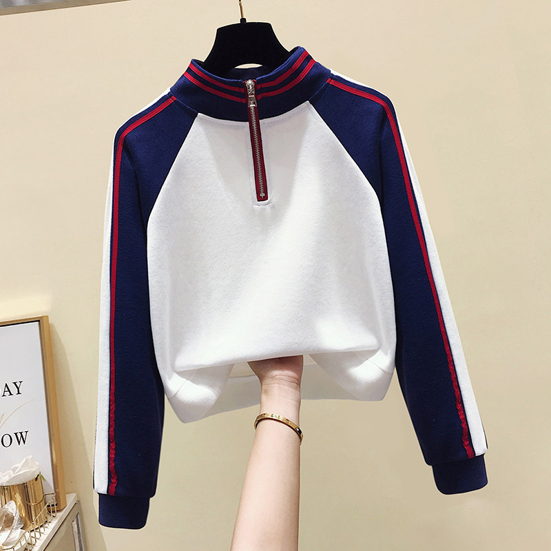 金妃格实拍2021春季新款立领拉链宽松韩版短款套头卫衣女上衣