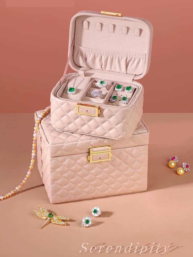 小香风仙女首饰箱多层带锁珠宝收纳盒送客户礼品盒大容量粉色羊皮