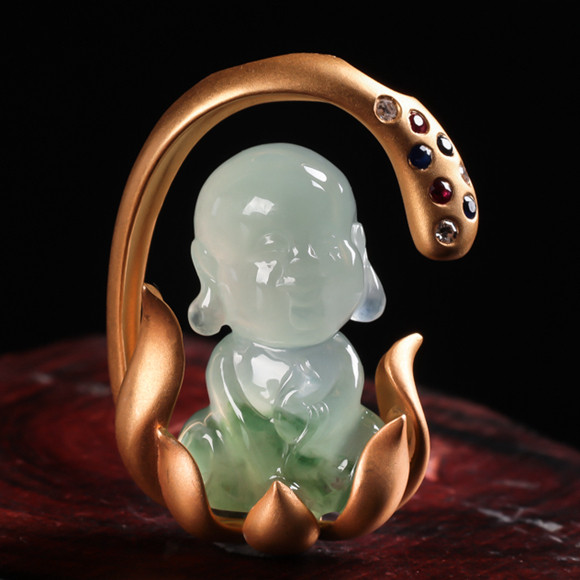 翡翠a货老坑冰种飘花18k金钻石红宝石蓝宝石镶嵌宝宝佛吊坠5.01克