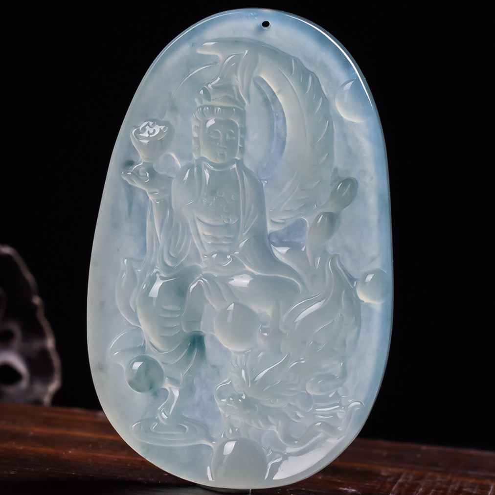 天然缅甸翡翠a货冰糯种御龙观音吊坠22.40克