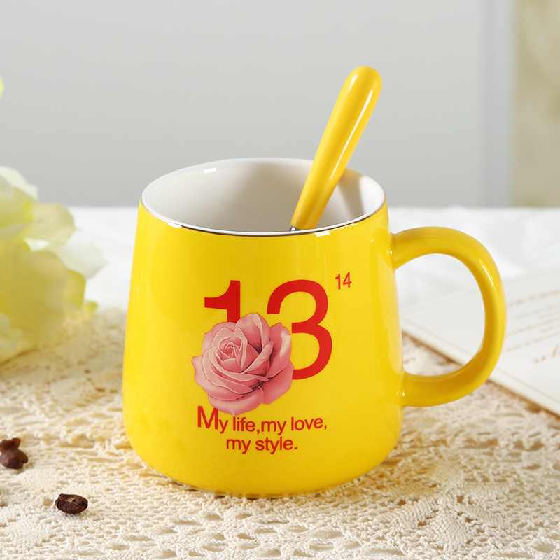 创意陶瓷杯色釉杯咖啡杯家用牛奶水杯男女情侣带盖带勺生日礼物