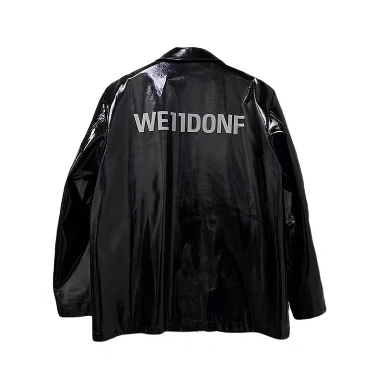 we11done新款秋冬漆皮外套夜光logo设计welldone炫酷男女黑色皮衣