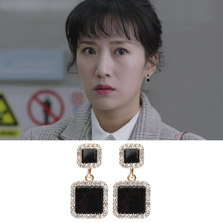 都挺好李念朱丽明玉姚晨同款耳环s925银针黑色方块耳坠镶钻耳饰女