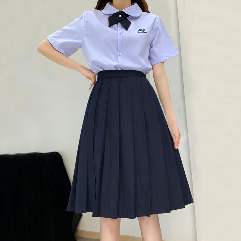 学生大码jk制服百褶长裙中长款半身裙学院风刺绣衬衫女夏班服套装