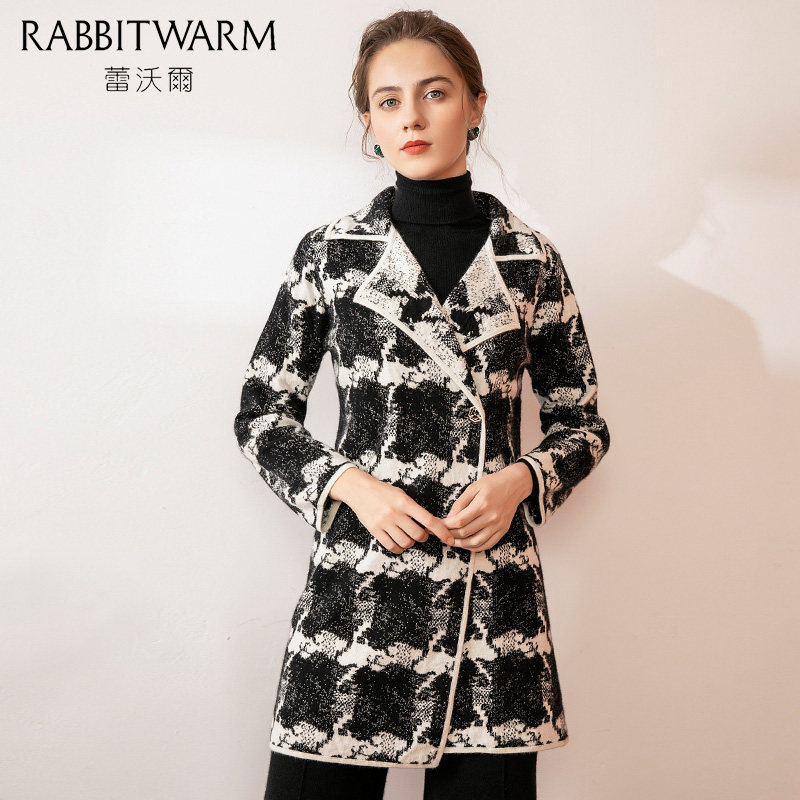 蕾沃尔 兔绒大衣女中长款2020年新款呢子高端格子休闲毛呢外套女