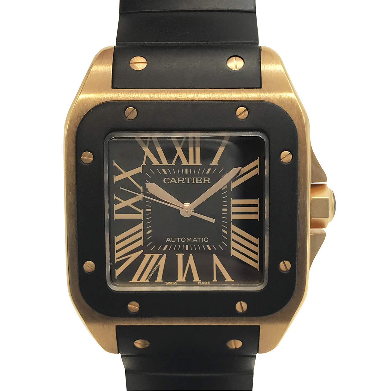 未使用[9.8新]卡地亚santos系列18k玫瑰金自动机械男表