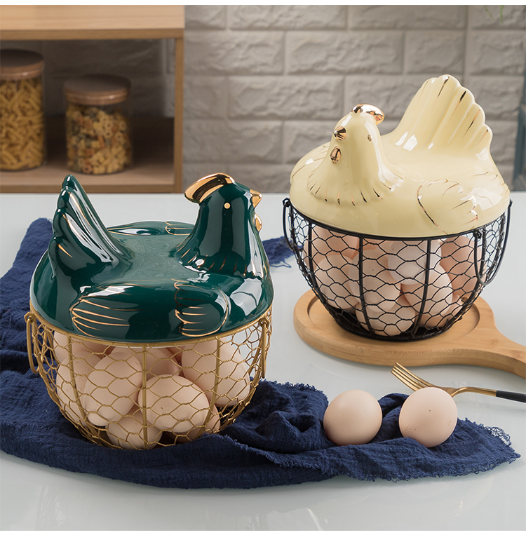 创意陶瓷母鸡蛋篮铁艺鸡蛋水果收纳篮子 厨房摆件 餐馆装饰储物篮