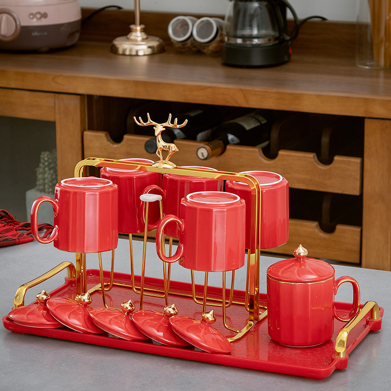 现代陶瓷水杯套装客厅家用杯子马克杯带盖杯早餐杯耐高温茶杯带架